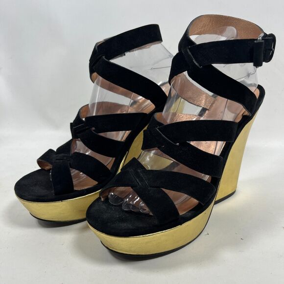 MARC BY MARC JACOB Sandals 40 Suede 5" Block Heels Platform Black Gold - Picture 2 of 16